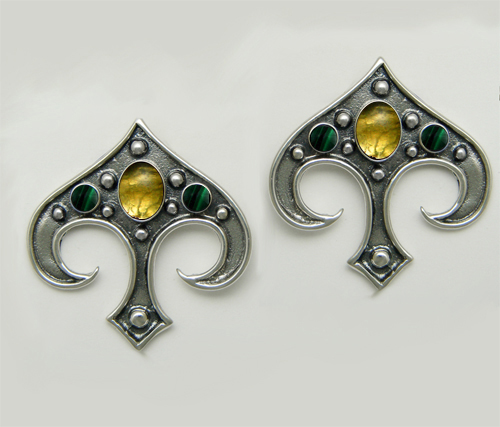 Sterling Silver Gothic Inspired Drop Dangle Earrings With Citrine And Malachite